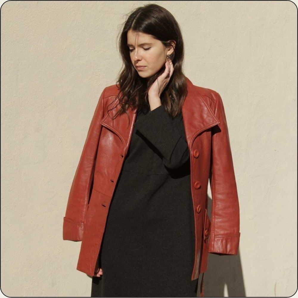 Nordstrom VINTAGE  | GENUINE Leather Short trench Style Jkt Burnt Orange SZ 10 - Picture 13 of 15